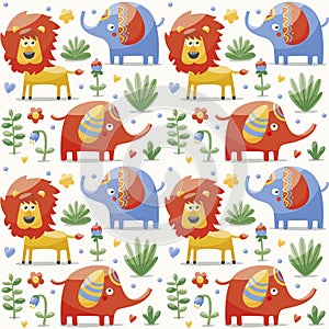 Seamless cute pattern made with elephants, lion,giraffe, birds, plants, jungle, flowers, hearts, leafs, stone, berry