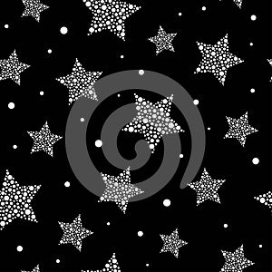 Seamless cute pattern with white stars made of dots and circles on black background. Vector illustration.
