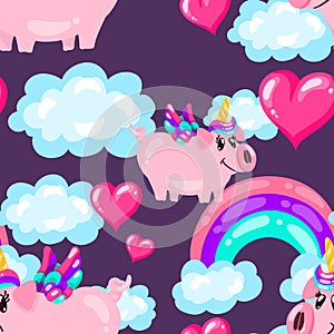 Seamless cute pig unicorn pattern with rainbow and hearts on dark sky. Baby print. cartoon hand drawn caracter photo