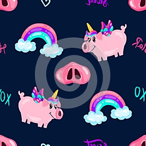 Seamless cute pig unicorn pattern with rainbow and words on dark sky. Baby print. cartoon hand drawn caracter