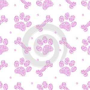 Seamless cute pink glitter paw pattern, endless background for wallpaper, cover, card and poster designs, textile and