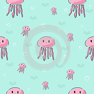 Seamless cute pink jellyfish