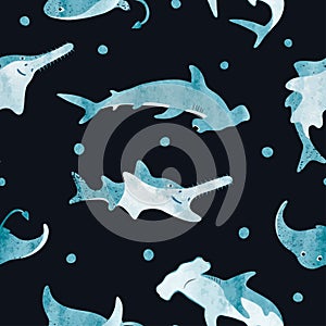 Seamless cute sea animals pattern. Vector watercolor background with shark, skate, sawfish