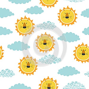 Seamless cute sun and clouds pattern. Baby print