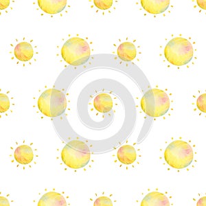 Seamless cute sun pattern. Watercolor background with cartoon warm illustration for kids textile, wallpaper, fabric texture,