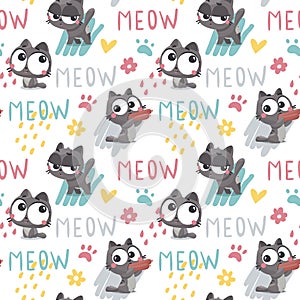 Seamless cute vector animal pattern with pets cats