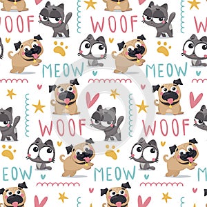 Seamless cute vector animal pet pattern with pug dogs and cats, paw and bone, meow and woof photo