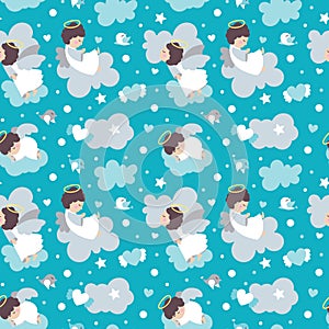 Seamless cute vector pattern with baby angels characters with wings, cloud, heart, star for kids