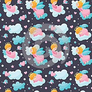 Seamless cute vector pattern with baby angels characters with wings, cloud, heart, star for kids