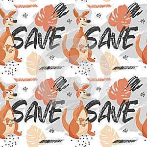 Seamless vector pattern with Kangaroo, baby, leaves