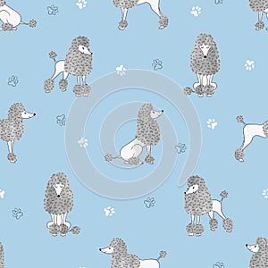 Seamless cute watercolor poodles dogs pattern.