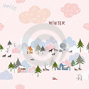 Seamless Cute winter landscape with snow in Village,Repeat pattern Vector cartoon in small town with farmhouse and horse in