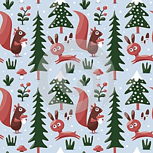 Seamless cute winter pattern made with squirrel, rabbit, mushroom, bushes, plants, snow, tree