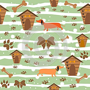 Seamless Dachshund Dog Pattern with bones, bows, dog houses and footprints