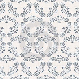 Seamless daisy pattern in french blue linen shabby chic style. Hand drawn floral damask texture. Old white blue