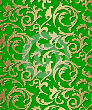 Seamless damask baroque golden pattern on green background