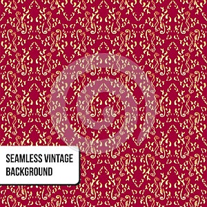 Seamless damask floral pattern. Baroque wallpaper. Vector vintage gold ornament on red background