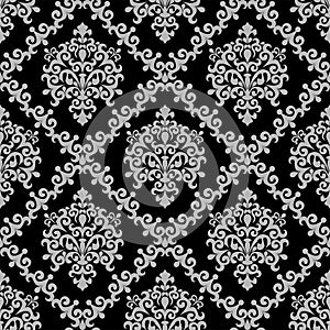 Seamless damask floral Wallpaper - gray Ornament on black