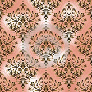 Seamless damask pattern for background or wallpaper design. Damask wallpaper. Pink color.