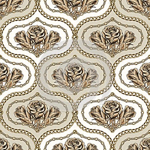 Seamless damask pattern with chains, beads, roses