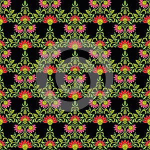 seamless damask pattern with colorful Indian floral and black background