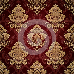 Seamless damask pattern with gold ornate floral designs on a deep maroon background