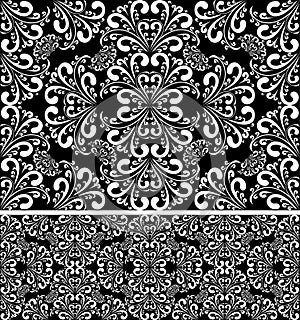 Seamless damask white Pattern on the black Background.