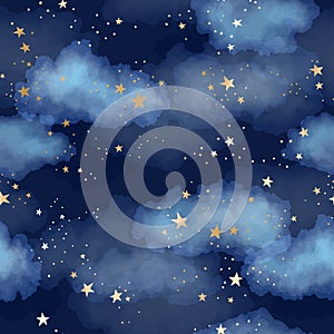 Seamless dark blue night sky pattern with gold foil constellations, stars and watercolor clouds