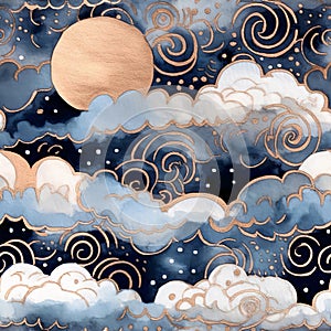 Seamless dark blue night sky pattern with gold foil constellations, stars and watercolor clouds