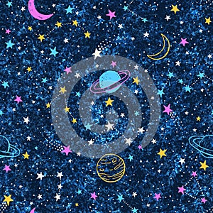 Seamless dark blue textured pattern with colorful planets, constellations and stars