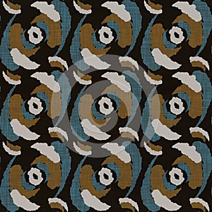 Seamless dark dotty linen background. Moody dye wash circle texture. Mid century 50s soft furnishing fabric style