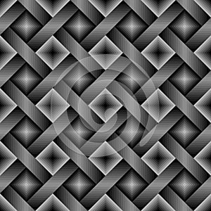 Seamless dark monochrome geometric pattern with gray, black lines and squares. Interweaving or interlacing of stripes.