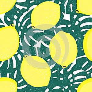 Seamless decorative background with yellow lemons and green palm leaves.