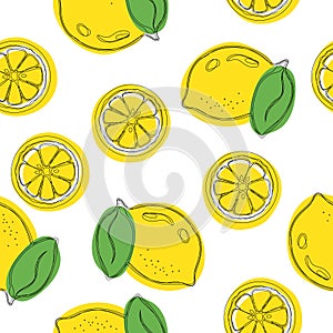 Seamless decorative background with yellow lemons. Lemon hand draw pattern.