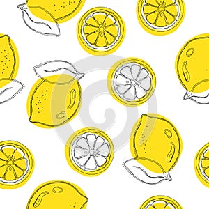 Seamless decorative background with yellow lemons. Lemon hand draw pattern. Vector illustration