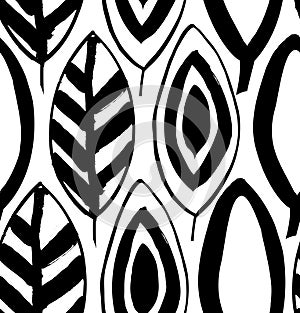Seamless decorative black and white pattern with ink drawn leaves.