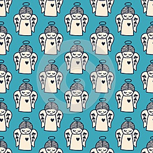 Seamless decorative pattern with angels in doodle style. Print for textile, wallpaper, covers, surface. Retro stylization