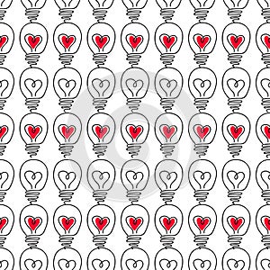 Seamless decorative pattern with electric light bulbs with hearts. Print for textile, wallpaper, covers, surface. Retro