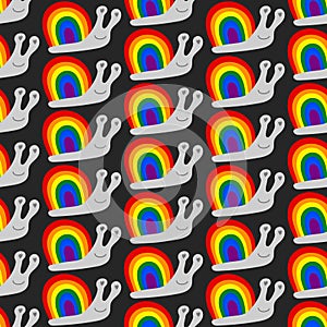 Seamless decorative pattern with snails with a shell of 6 Color Pride Flag. Print for textile, wallpaper, covers, surface. Retro