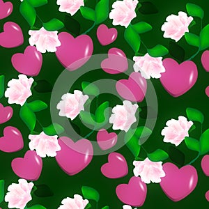 Seamless decorative pattern of Valentine hearts on pink background floral ornament