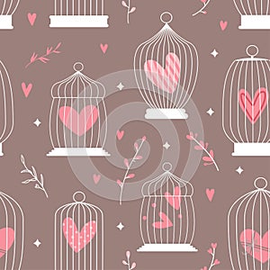 Seamless decorative spring pattern with cages and hearts inside. valentine's day concept. Vector illustration.
