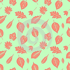 Seamless decorative template texture with leaves. Seamless stylized leaf pattern. Flat style, vector illustration.