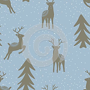 Seamless Deer Animal And Winter Trees Pattern, Vector Illustration EPS 10.