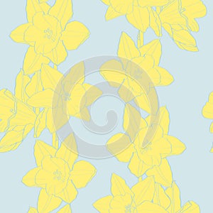 Seamless delicate pattern with spring line flowers. Bright spring  daffodils illustration. Blue yellow flowers.