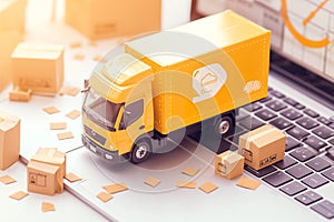 Seamless delivery service truck, parcels, and laptop shopping interface