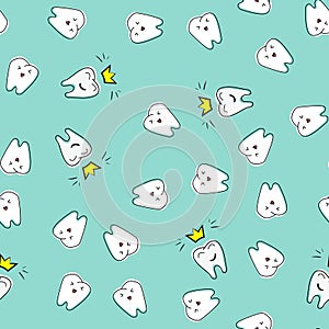 Seamless dental pattern. Cute funny hand drawn teeth. Kids dentist vector illustration. Tillable background for your