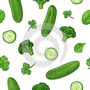 Seamless design food green pattern. Wallpaper with vegetable organic food. Backdrop for fabric and textile design with