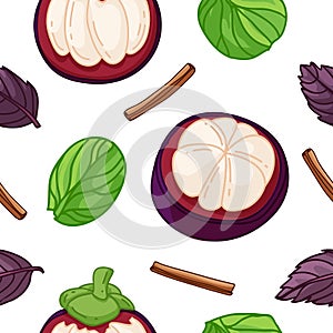 Seamless design fruit pattern. Wallpaper with organic food. Backdrop for textile design with magosteen, spinach and