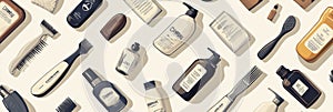 Seamless pattern featuring grooming tools, beard icons, and styling products on a muted background for mens care and photo