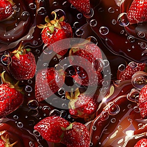 Seamless dessert banner with strawberries in liquid chocolate